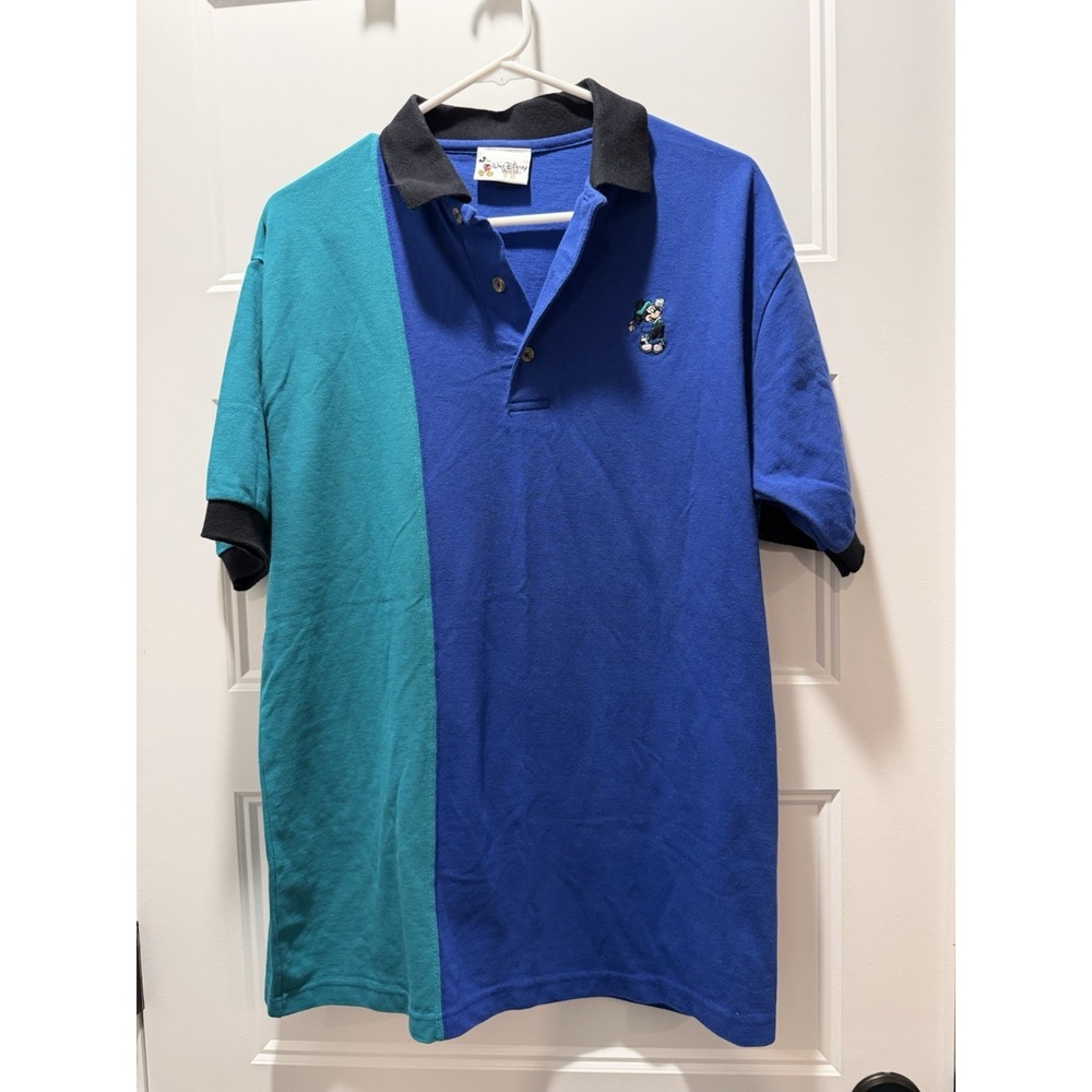 VTG 90s Walt Disney World Mickey Mouse Golf Colorblock Polo Shirt Blue Teal M